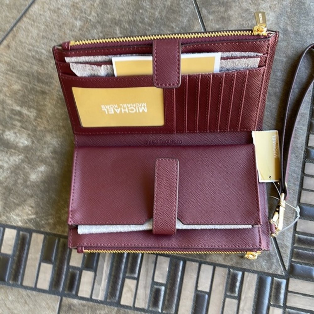 Michael Kors Jet Set Travel Large Double Zip Wristlet Wallet Dark Cherry Leather - Picture 7 of 16